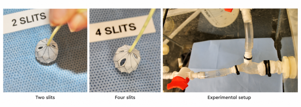 Two-slit and four-slit microvascular plugs followed by the bench-top experimental setup