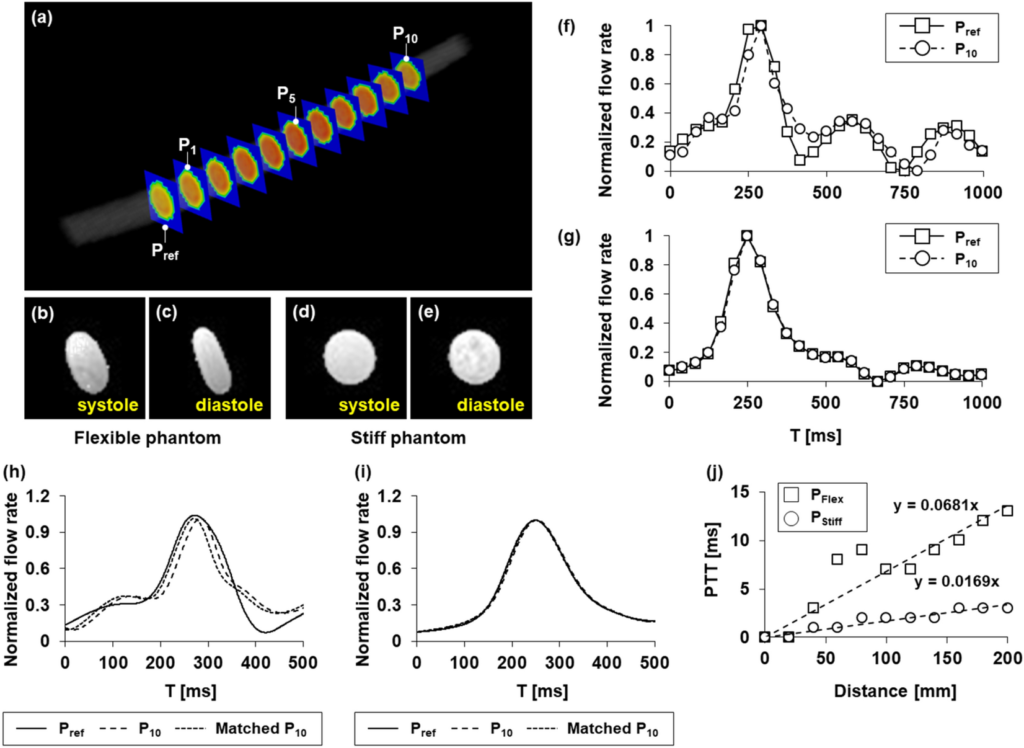 Flexible and stiff phantom shapes, flow waveforms, cross-correlation alignment, and pulse transit time versus distance